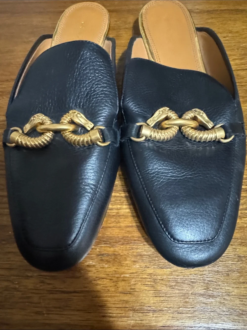 Tory Burch Jessa Black Leather Slip-On Loafers with Gold Chain Accent